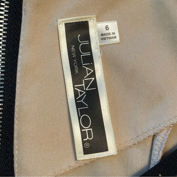 Julian Taylor Black and Tan Lace Overlay A-Line Cap Sleeve Midi Dress Size 6 - Picture 4 of 6